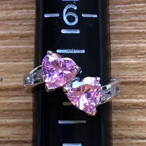 Sterling Silver Pink Crystal Double Heart Ring